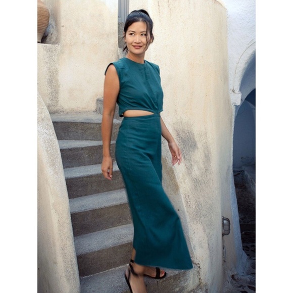 Zara Dresses & Skirts - Zara Linen Blend Teal Cutout Midi Dress Sz M